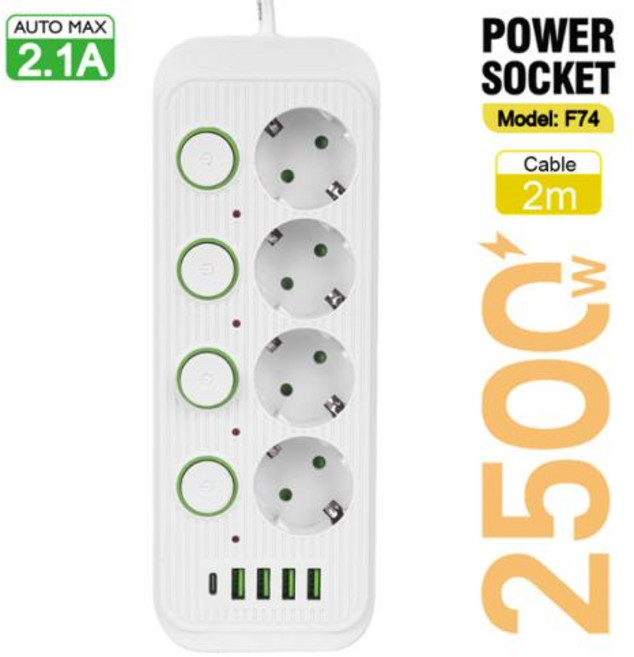 EU 플러그 멀티 콘센트 멀티탭 USB C 타입 연장 케이블 독립 제어 소켓 네트워크 필터 패치 패널 전기, 1개, 3.Eu 플러그 - F74 White  2m