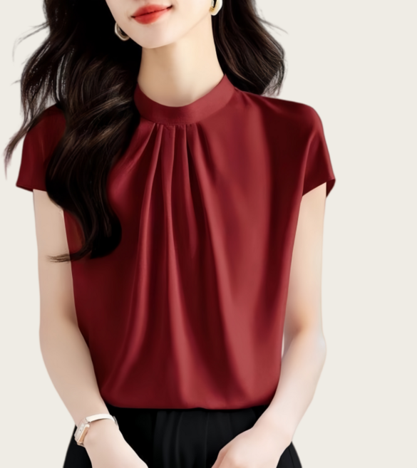 Makone 여성 차이나 칼라 솔리드 네크라인 셔링 스타일리쉬 엘레강스 트랜드 루즈핏 반팔 블라우스 오피스룩