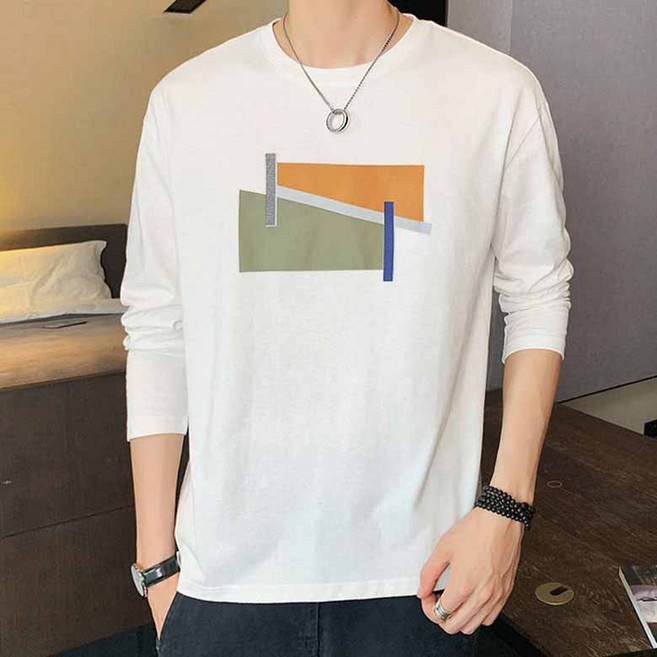 1+1 남성 봄가을 순색 긴팔 티셔츠 빅사이즈 루즈핏 라운드 베이직 이너 프린팅 맨투맨