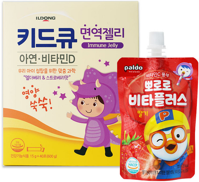 일동제약 키드큐 면역젤리 40포 + 뽀로로 비타플러스 딸기맛, 1세트, 600g