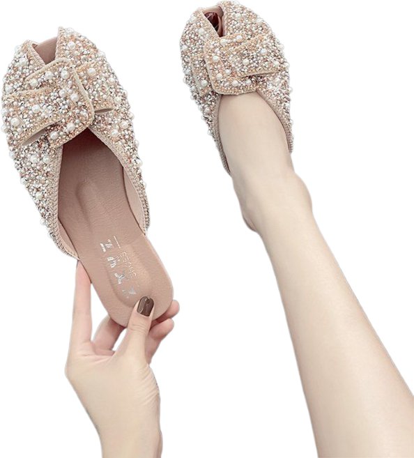 용태원 플랫 패션 큐빅 슬리퍼 진주 장식 샌들