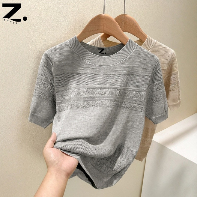 Zoovit 중년 여성용 여름 라운드 니트 텐셀 반팔 정장 티셔츠
