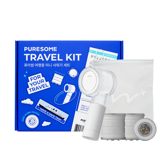 퓨어썸 여행용 미니 샤워기 본품 + 프로 퓨어필터 2p + 파우치 세트, 1개, 화이트