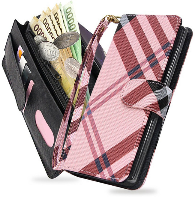 내부지퍼 버킹엄 패턴 휴대폰 지갑형 케이스 + 손목 줄 스트랩