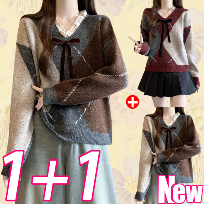 YLEMI 1+1 빅사이즈 여성 브이넥 귀여운 스타일 캐주얼 리본 레이스 니트 긴팔 세련된 데일리룩 넉넉한 스웨터 2P