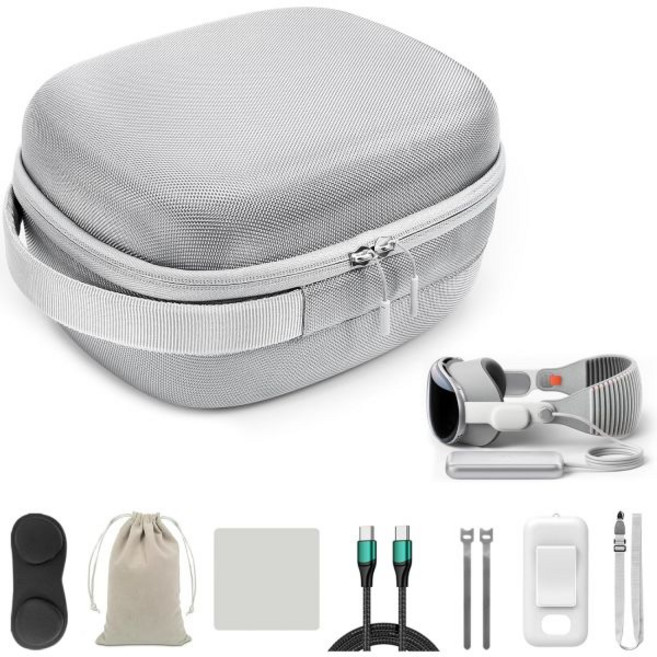 애플 비전 프로용 하드 트래블 케이스 VR 프로 액세서리 번들 세트 컴팩트 휴대용 배터리 홀더 100W 고속 충전 케이블 각종 실용 키트 그레이, 애플 비전 프로용 하드 트래블 케이스 VR 프로 액세서