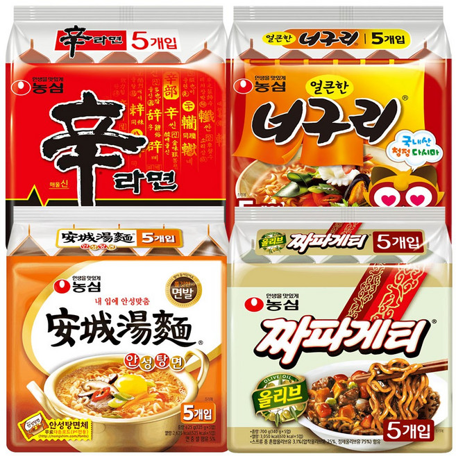 농심 신라면 120g x 5p + 안성탕면 125g x 5p + 얼큰 너구리 120g x 5p + 짜파게티 140g x 5p, 20개