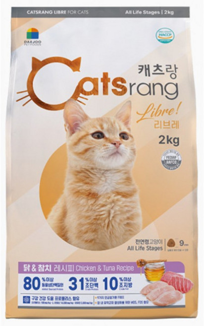 캐츠랑 리브레 캣츠랑 반려 냥이 길고양이 영양 사료 단백질원 80% 이상, 닭+참치, 2kg, 2개