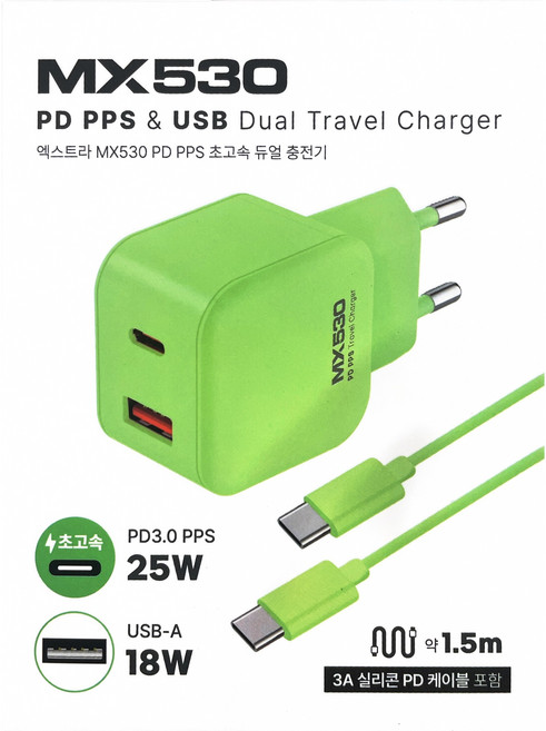 듀얼 초고속 충전기 USB-C C타입 고속충전 어댑터 케이블 포함 갤럭시 S25 S24 아이폰16 호환, 1개, 그린