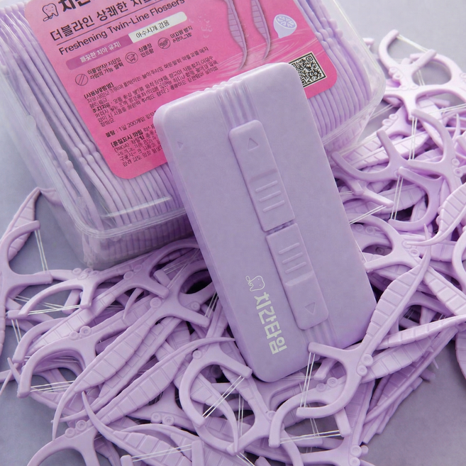 치간타임 트윈라인 치실 얇은 400D 어금니치실 전용케이스, 1세트, 210개입, 420cm, 라임케이스+라임치실