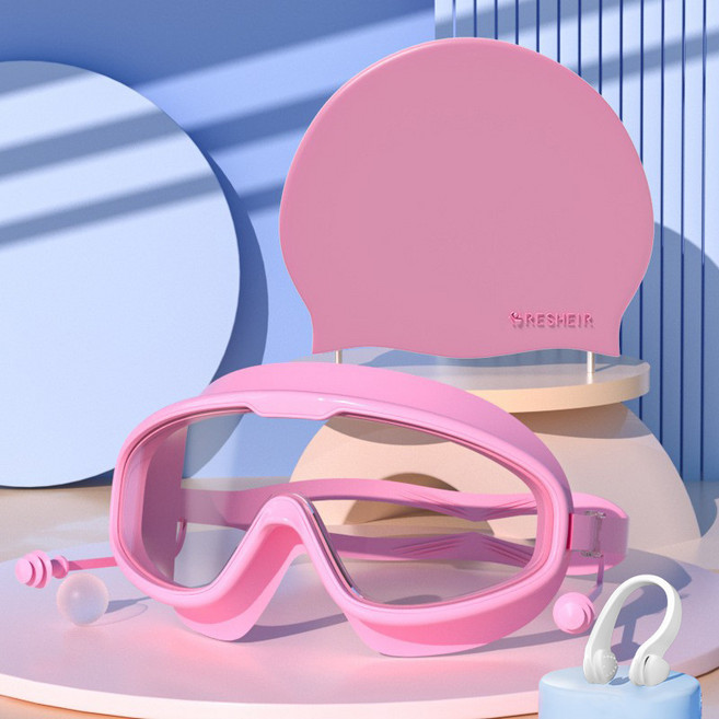 성인 고화질 대형 프레임 수영 고글 방수 방습 근시 투명 안경 남녀 실리콘 수영모 세트 전문 수영, 분홍색고글+분홍색수모+코 클립, 1세트