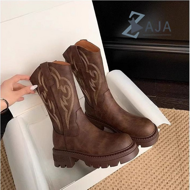 ZAJA 여성 웨스턴 데님 부츠 패션 소프트 자수 미들 부츠