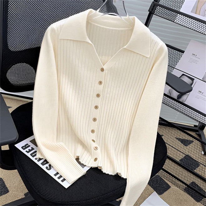 VEZRI 여성 봄 겨울 폴로 니트 가디건 긴팔 아우터 오픈 스타일 스웨터 F88