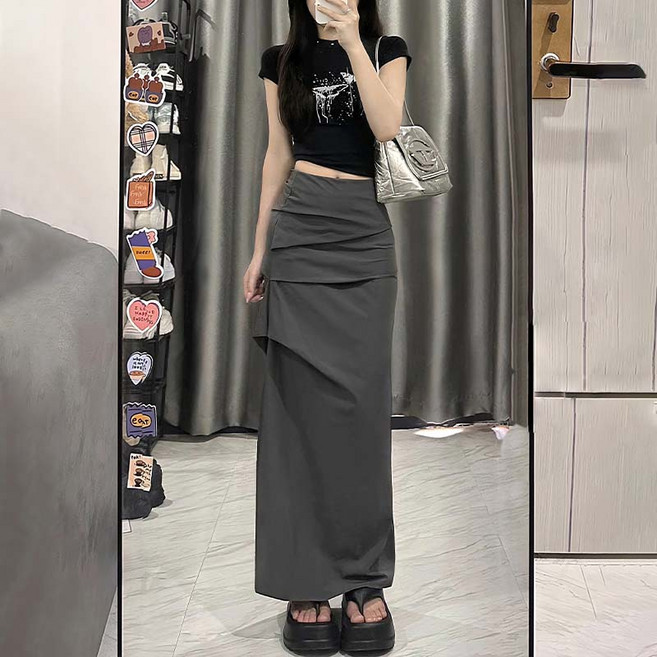 여성 아노락 카고 롱 스커트 슬림핏 캐주얼 데일리록 사이드 슬릿 오피스록 봄 여름 가을용 베이직 코디 치마