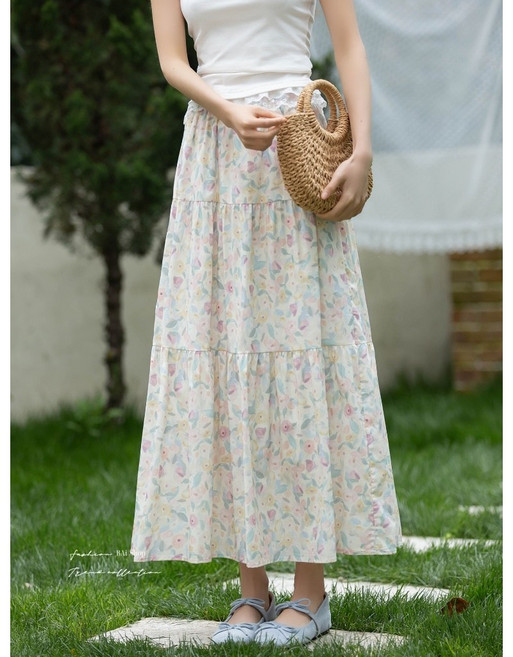 法式碎花蛋糕長裙 高腰顯瘦A字裙