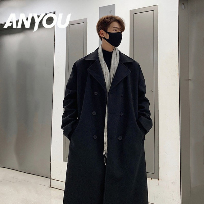 ANYOU 남성 기본면 모직코트 싱글버튼 트렌치코트 고급스러운 루즈핏 중장기장코트 롱코트