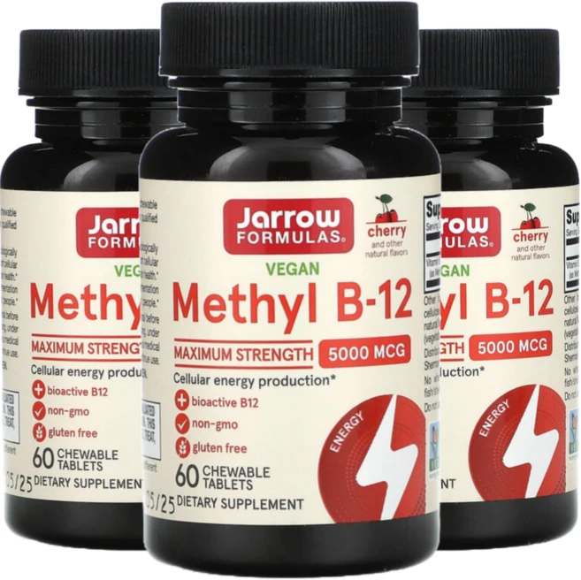 자로우 포뮬러스 비건 메틸 B-12 5000 mcg 체리맛 츄어블, 3개, 60정 - 쿠팡