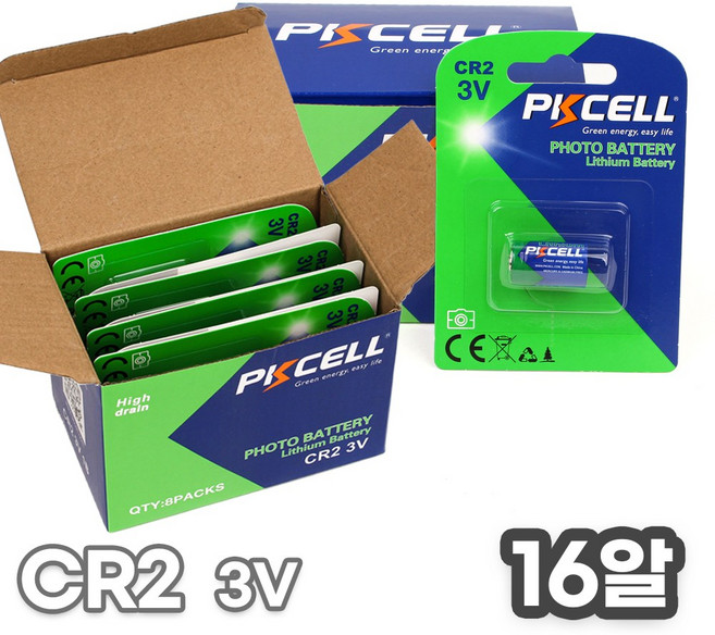 PKCELL 리튬 건전지 CR2 3V 카드팩 1알 부쉬넬 건전지, 16개, 1개입