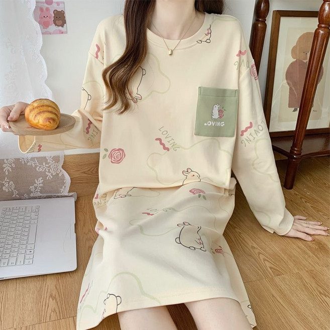 BAJAOEY(바자오이) 순면100% 브라내장 여성 긴팔 원피스 잠옷