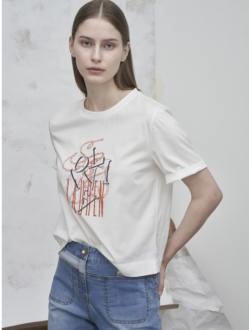 올리비아로렌 여성 프린트 자수 라운드 티셔츠 VOCAS5M6326