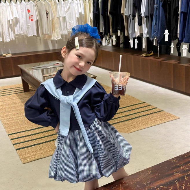 Lee 女童海軍風格子水手領長袖洋裝