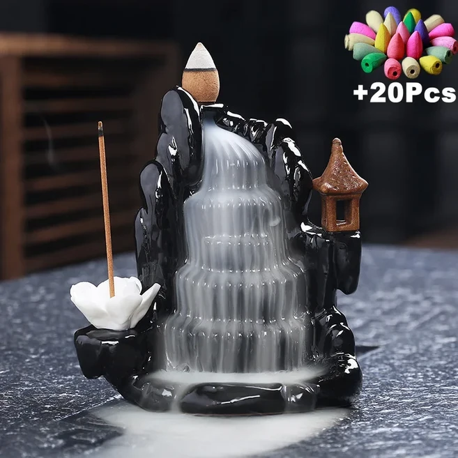 향 폭포 홀더 역류 향 버너 세라믹 연꽃 연기 분수 향 폭포 홈 룸 책상 선 장식 + 향, 02 AS02 With 20Incense