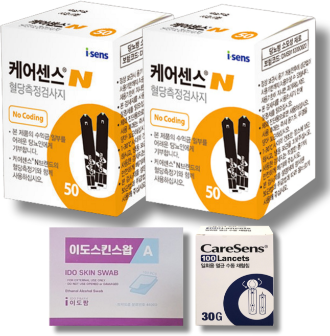 YL 케어센스N 시험지 100매+알콜솜 100매+채혈침 100개 (혈당 측정 검사지 당뇨 스트립 strip 아이센스 Caresense 프리미어), 시험지 100매+채혈침 100개, 1개