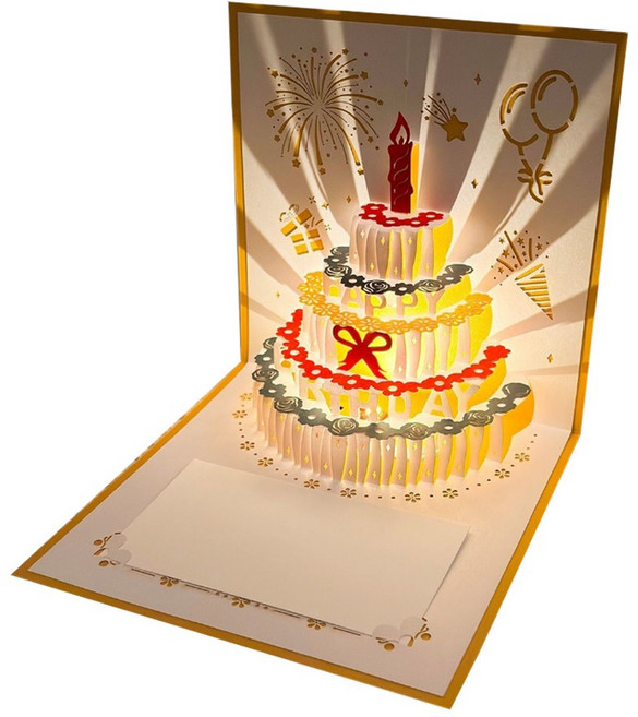 生日蛋糕立體卡片, 【金色+小卡】自動音樂燈光, 1個裝