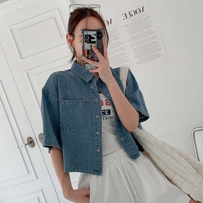 마이쏭 여성용 빅사이즈 루즈핏 청남방 알리크롭반팔데님셔츠