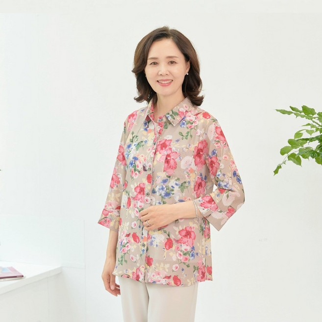 4위 - 엄마옷 마미소 플라워 오픈 카라 블라우스 꽃무늬 아사면50 여름 할머니 빅사이즈 40 70 마담 중년 여성 