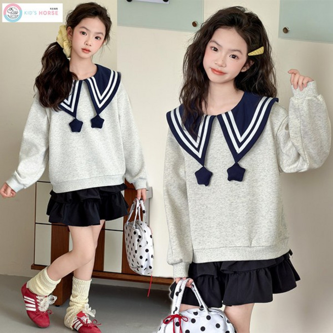 키즈목마 여아 세일러 카라 맨투맨 치마 세트 초중생 러블리 스쿨룩 상하복 초등학생 스쿨복 871