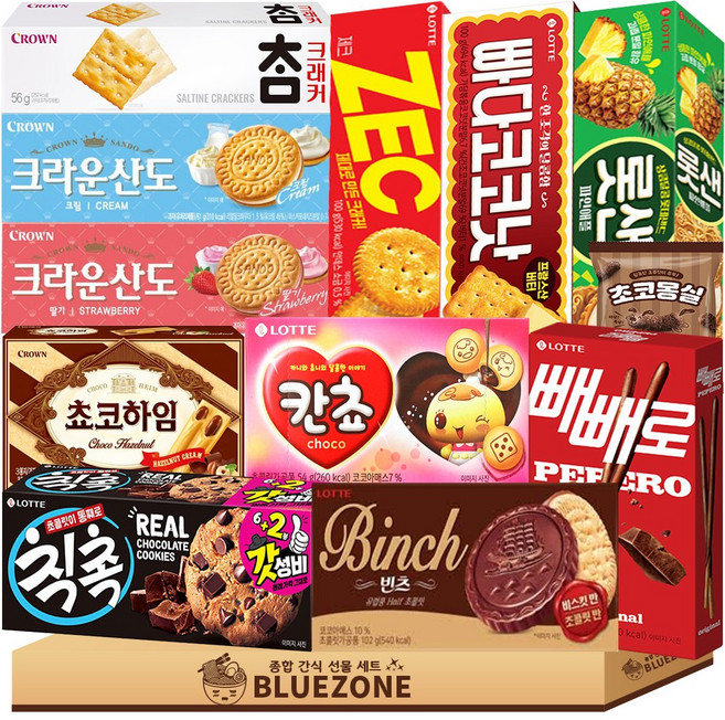 곽과자 세트 빈츠102 칙촉120 빼빼로 오리지널54 롯데샌드105 칸쵸54 빠다코코낫100 제크100 크라운 산도 딸기61 크림61 참크래커56 초코하임47, 1박스