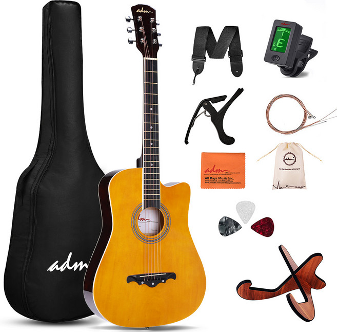 ADM 포크 기타 38인치 글로시 컷어웨이 스타터 세트 입문자용, 옐로우, 1개