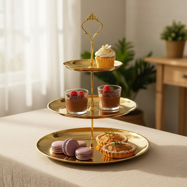 쿠킹홈 테이블리 3단 디저트 트레이, 1개, 골드