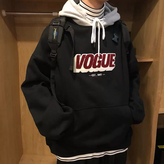 [HYC] 韓國復古VOGUE刺繡撞色衛衣 春夏厚磅內刷毛帽T
