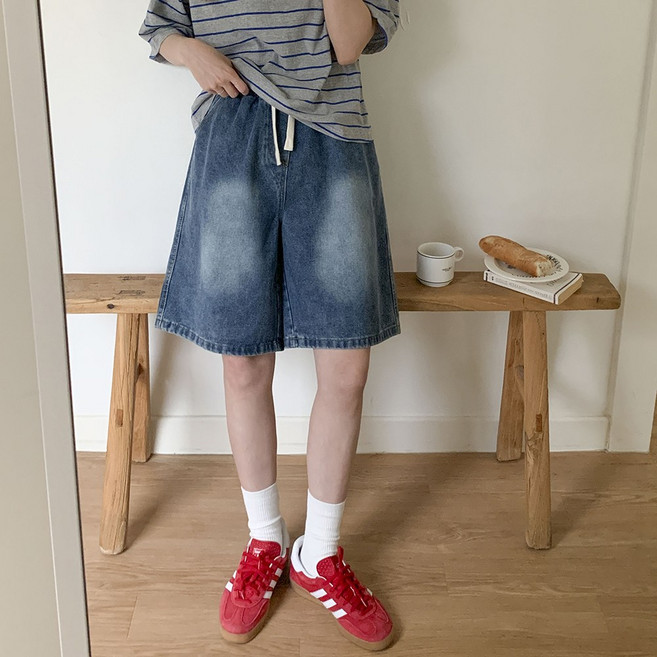 앤샵 여성용 세느리플 워싱 와이드 버뮤다 데님 청반바지 5부 팬츠