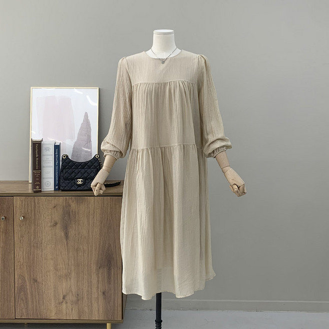 행복여 미요 셔링 라운드넥 캉캉 플레어 원피스