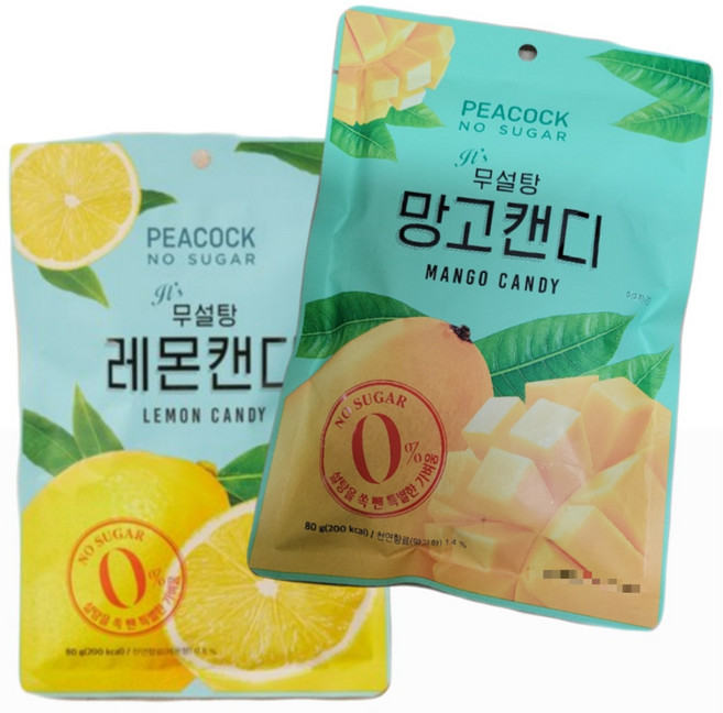 무설탕 망고캔디 +무설탕 레몬캔디 간식/과자/사탕/피코크, 1개, 80g