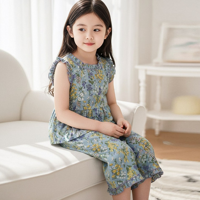 달콩슈 여아용 주니어 플라워 프릴 여름 잠옷 상하의 세트 파자마 홈웨어 DKP910