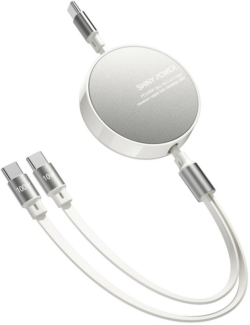 샤이니파워 PD 100W 데이터 전송 2in1 All C to C 줄자형 초고속 충전 케이블/ 노트북 핸드폰 동시 초고속 충전케이블, 1개, 화이트, 110mm
