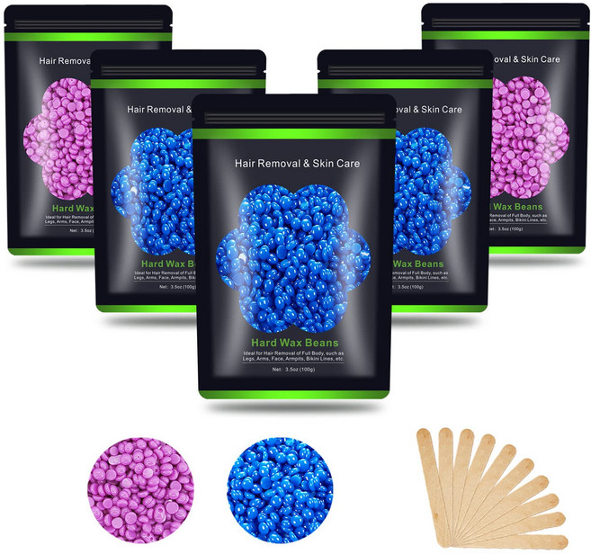 하드 왁스 빈 17.5온스 제모 바디 유럽산 브라질산 진주 왁싱 비즈 여성 남성용 비키니 눈썹 얼굴 겨드랑이 5팩용 주걱 10개 포함 3 Blue &2 Pink, 1개, 499g