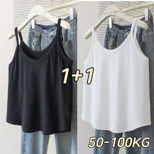 1+1 여성 편안한 민소매 끈 나시티 여름 루즈핏 러닝 티셔츠 빅사이즈