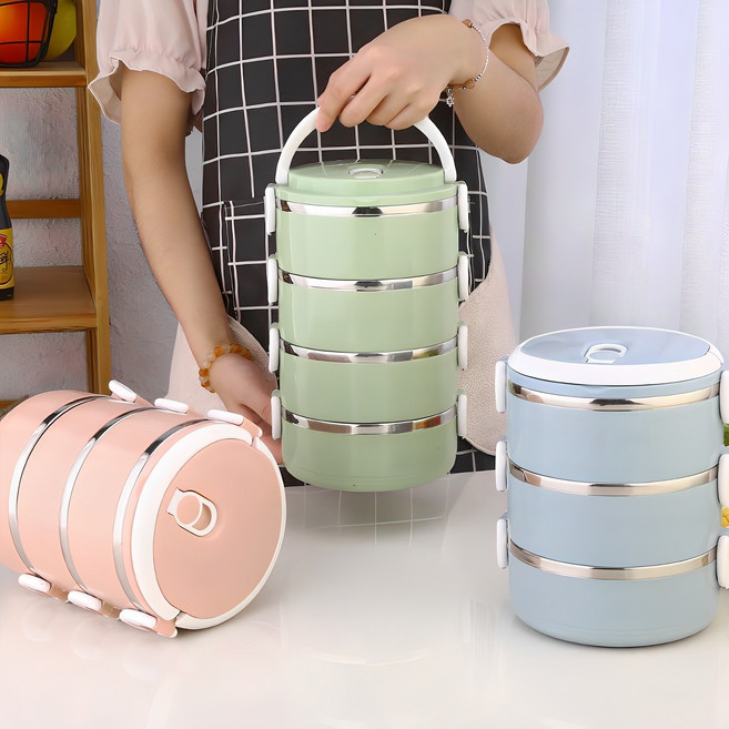 냠냠 3단 런치박스 도시락통 3단 도시락통 보온도시락 보온통 반찬통, 로즈핑크, 1세트