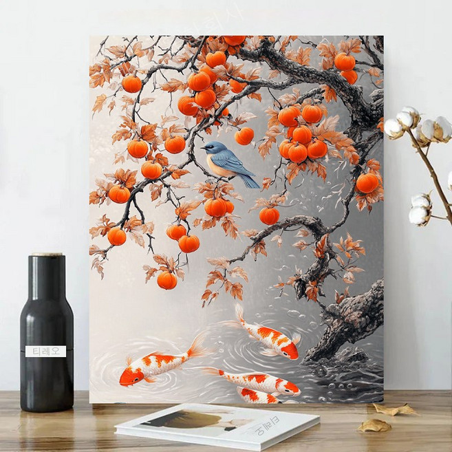 보석십자수 캔버스형 원형비즈십자수 DIY키트 40x50cm 3D 대형 선물용 재물 객실 풍수 인테리어, 1세트, 24 감나무 잉어