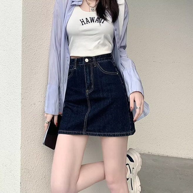DFMEI 深藍色牛仔短裙女夏季新款韓版高腰百搭小個子半身裙子A字裙