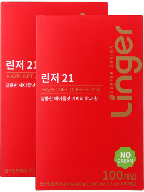 린저21 헤이즐넛 커피믹스 노프림 100T+100T, 5g, 100개입, 2개