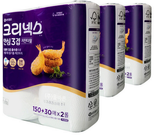 크리넥스 안심3겹 키친타올 150+30 (), 1매, 3개