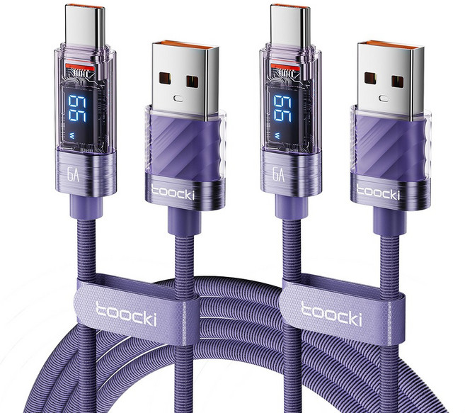 Toocki LED 디스풀레이 제2대 투명 C타입 고속 충전케이블, 2m, 퍼플, 2개