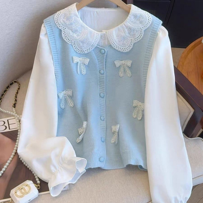 Makone 여성 블라우스 니트조끼 2종 세트 레이스 카라 리본 장식 예쁜 베스트 투피스 스쿨룩