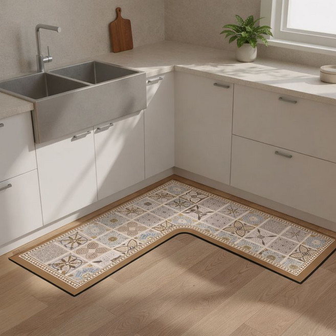 아노리빙 주방매트 L자형 빨아쓰는 규조토 주방발매트 미끄럼방지 방수매트, 빈티지타일, 1개
